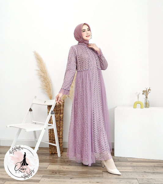 GAMIS OZIAS BROKAT ARABELLA 09874 LD 105 dan LD 120 I Gamis Pesta Simpel I Gamis Busui Friendly   Muslim Wanita Nyaman Panjang