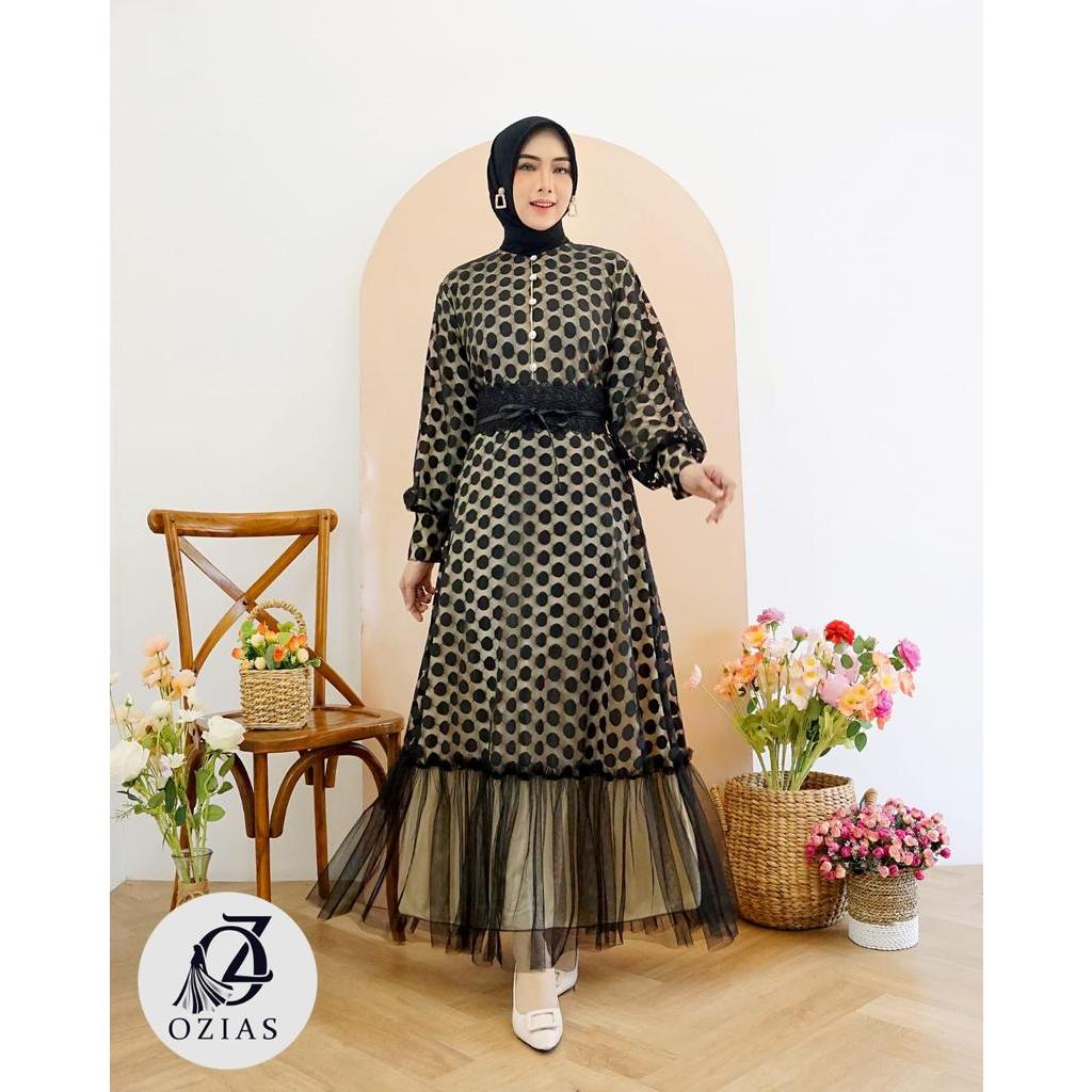 GAMIS OZIAS BROKAT POLKA BELT 09795 LD 105 I Gamis Simpel Belt I Gamis Remaja Muslimah Santai Dress