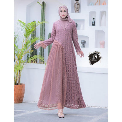 GAMIS OZIAS BROKAT POLKA 09218 LD 105 & LD 120 I Gamis Fashion Remaja I Gamis Pesta Kondangan Muslim Nyaman Dress Mewah